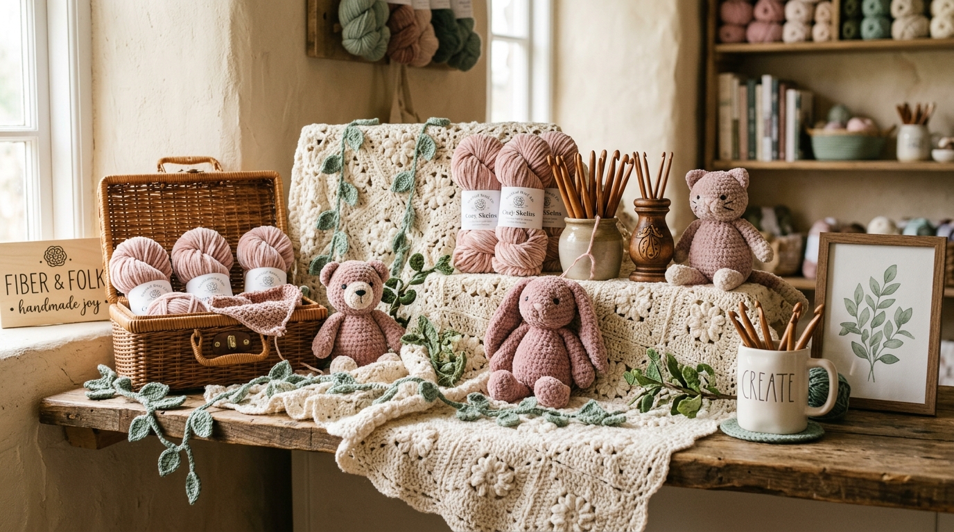 Handcrafted crocheted plushies and cozy yarn display on rustic wooden table